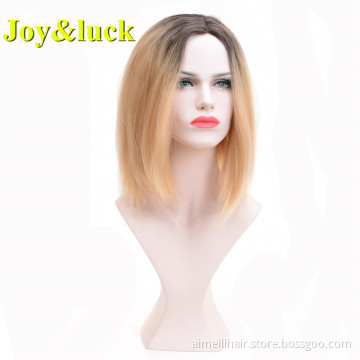 Women's Wig Brown Ombre Gold Color Wholesale Price Wigs Dark Root  Ladies Hair Natural Straight Short Bob Synthetic Hair Wigs